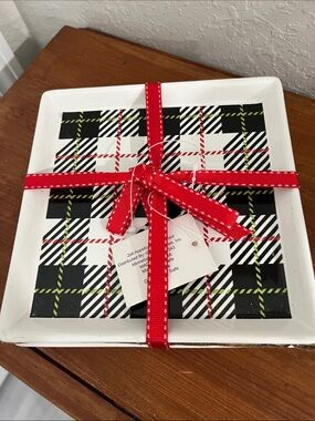 Decorative Plaid Appetizer Set of 2 Plates- Red Ribbon Accent 6 x 6